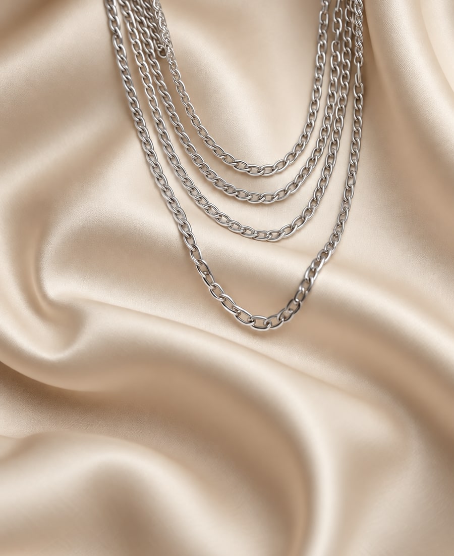 Layer Set — Three mixed-length chains in polished gold, designed to be worn together.